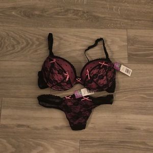 36c pink black lace push up bra large thong panty